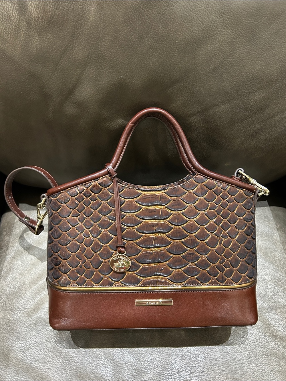 Brahmin Brown and Gold Croc-Embossed Satchel